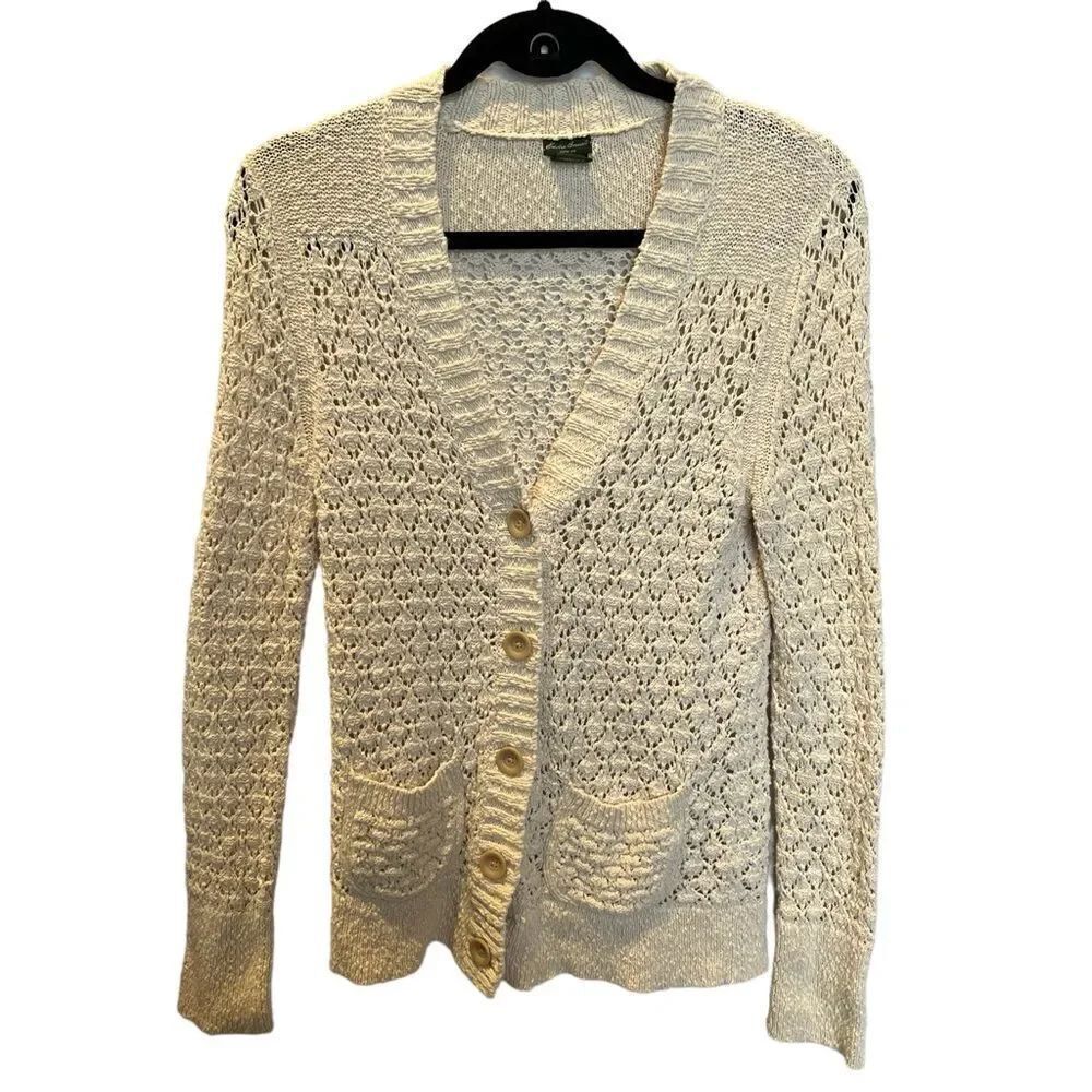 Eddie Bauer Women's Cardigan Hand Knit Cotton Sweater V-neck Beige Size Small